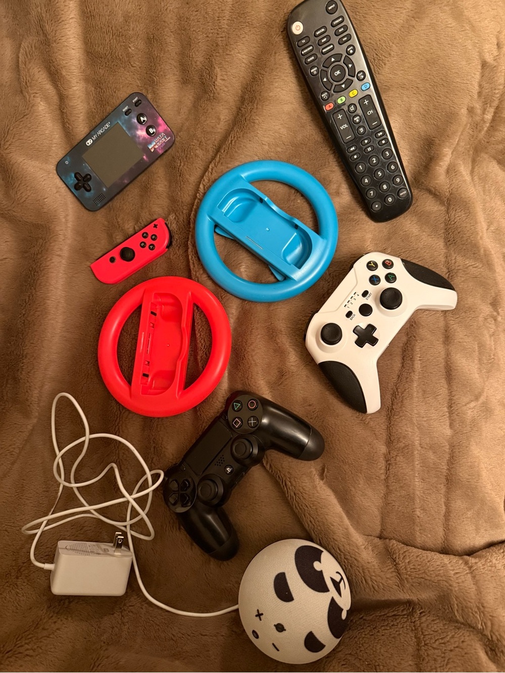Assorted Video Game Controllers and Accessories - Blue, Red, White, Black